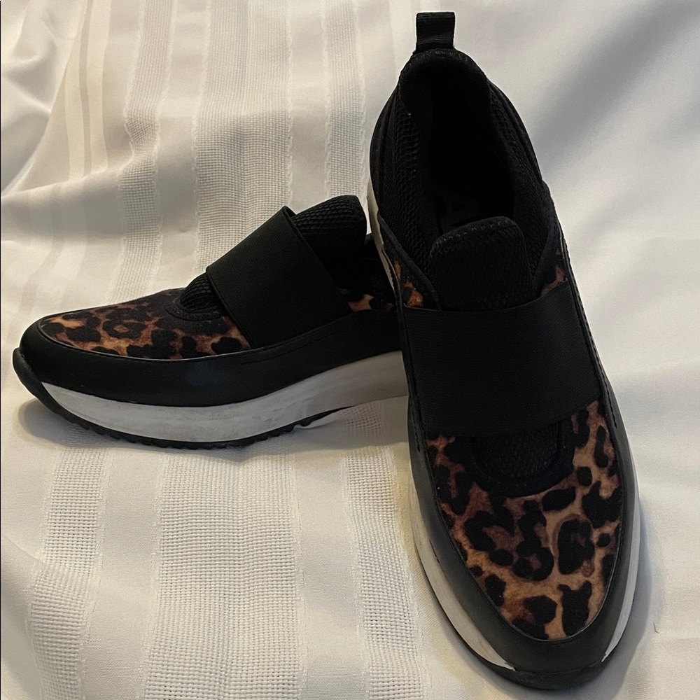 Anne Klein Black and Leopard Slip-On Sneakers